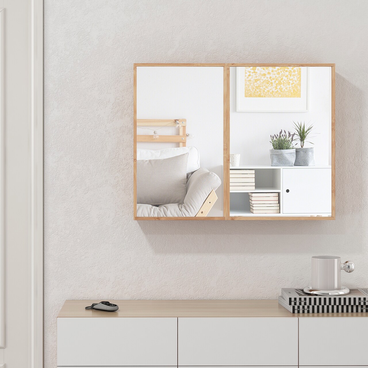 Double Door Bathroom Wall Cabinet with Mirror and Adjustable Shelves-Natural